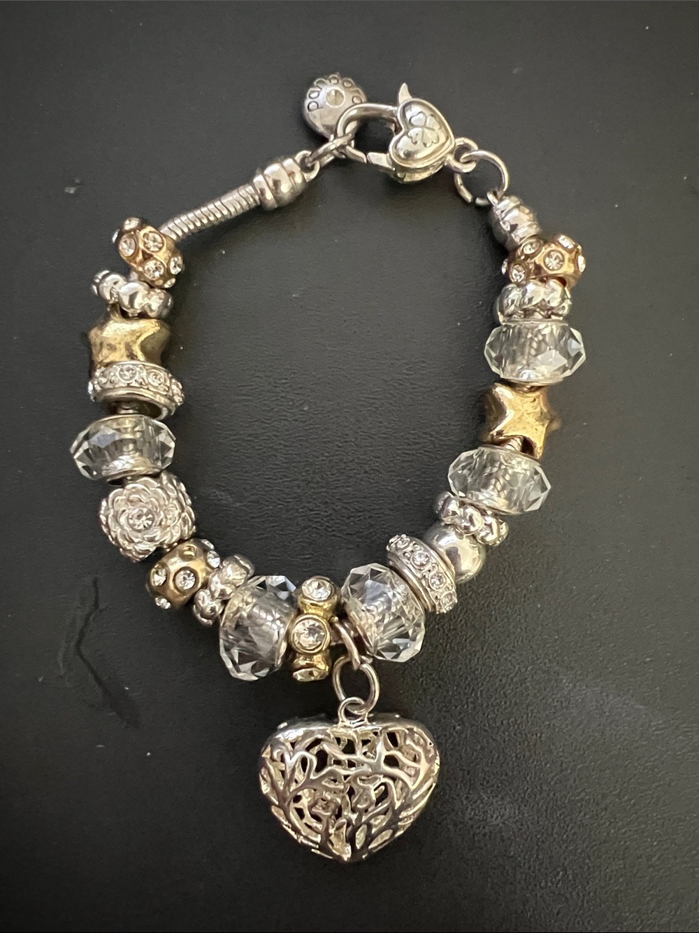 Pandora Two-Tone Crystal Heart Charm Bracelet - Silver & Gold